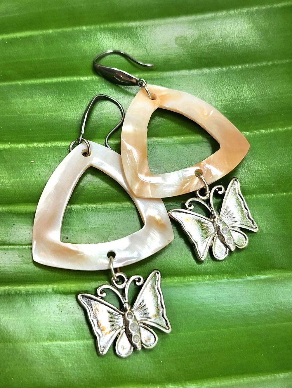 Natural Mother of Pearl Stone Boho Butterfly Silver Earrings Designer jewelry - Picture 6 of 8